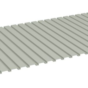 A rectangular sheet of gray corrugated metal with evenly spaced ridges, viewed from an angle. The surface is smooth and reflects light, giving a sense of newness. The edges are straight and parallel.