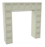 A beige metal locker unit shaped like an upside-down U, featuring a total of 30 compartments with key locks, organized in four rows. The structure is supported by two vertical columns that contain lockers on the sides.