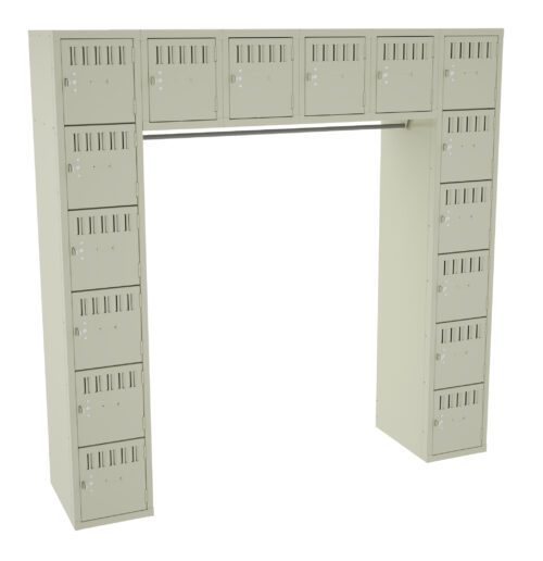 pozb2wbyyqngdyv3xhpn.jpg A beige metal locker unit shaped like an upside-down U, featuring a total of 30 compartments with key locks, organized in four rows. The structure is supported by two vertical columns that contain lockers on the sides.