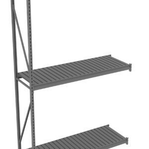 A steel shelving unit with three gray, horizontal slatted shelves and vertical support beams on the left side. The shelves are evenly spaced, designed for industrial or garage storage. The right side is open with shelves unattached.