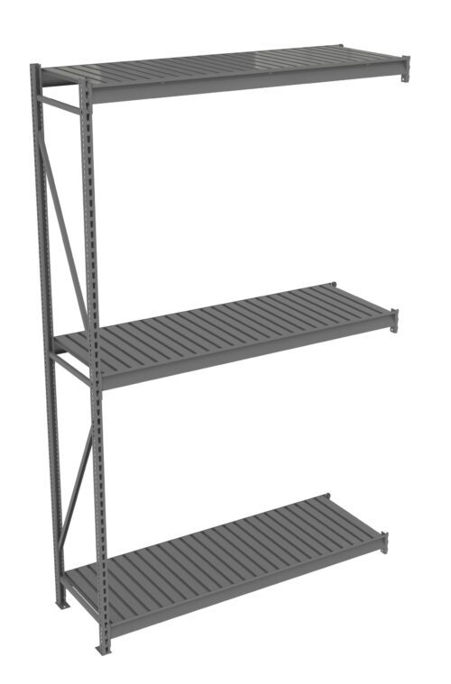 A steel shelving unit with three gray, horizontal slatted shelves and vertical support beams on the left side. The shelves are evenly spaced, designed for industrial or garage storage. The right side is open with shelves unattached.