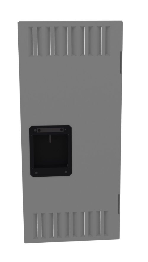 pozumyhtj8lafyvjjnar.jpg Image of a rectangular, gray metal electrical panel door. It features a black square latch in the center and has vent slots near the top and bottom edges.