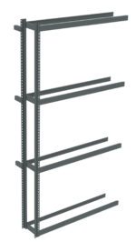 A metal shelving unit with a vertical frame and four horizontal beams, designed for wall mounting. The frame has multiple holes for adjustable placement of shelves or additional components. The color is dark gray.