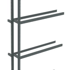 A metal shelving unit with a vertical frame and four horizontal beams, designed for wall mounting. The frame has multiple holes for adjustable placement of shelves or additional components. The color is dark gray.