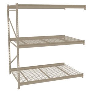 Industrial-style metal shelving unit with three wire-mesh shelves and an open frame. The shelves are evenly spaced and the frame is a light tan color, suitable for storage in garages or warehouses.