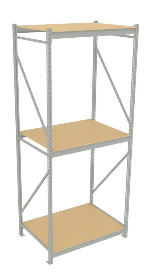 A three-tier metal shelving unit with a light wood finish on each shelf. The structure has gray metal supports and braces, with adjustable height settings visible along the frame. The design is simple and utilitarian.