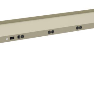 A long, beige metal bracket or mounting frame with multiple circular cutouts and holes for screws. It has an angled back edge and rectangular side panels, likely designed for electronic or industrial equipment installations.