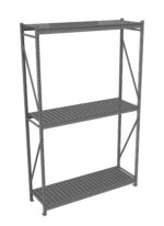 A metal storage rack with three slatted shelves. The framework consists of vertical supports and diagonal cross-braces. It is empty and positioned against a plain, white background.