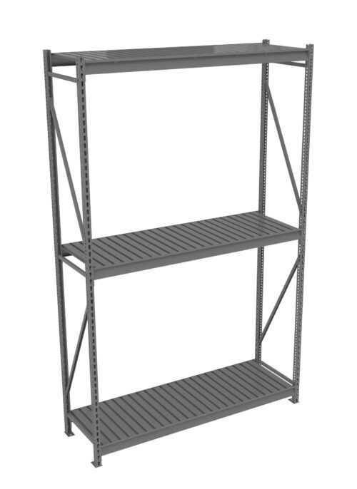 ppqupy9yuhmjomdvhst5.jpg A metal storage rack with three slatted shelves. The framework consists of vertical supports and diagonal cross-braces. It is empty and positioned against a plain, white background.
