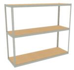 A three-tier metal shelving unit with a beige wooden base on each shelf, standing against a white background. The frame is light gray with evenly spaced perforations along the edges for adjustable shelving.