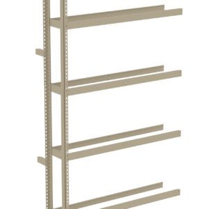 A beige, metal shelving unit with six horizontal shelves and vertical supports, designed for storage and organization. The unit is isolated on a white background.