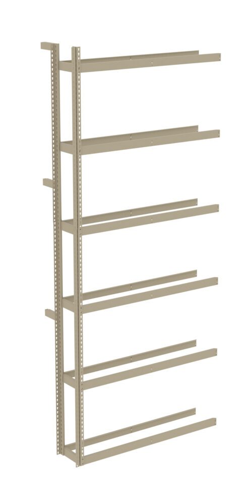 A beige, metal shelving unit with six horizontal shelves and vertical supports, designed for storage and organization. The unit is isolated on a white background.