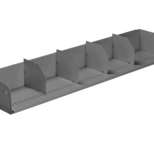 A long, gray, metal cable management tray with multiple evenly spaced vertical dividers. It features slotted sides and a perforated base, designed for organizing and separating cables.