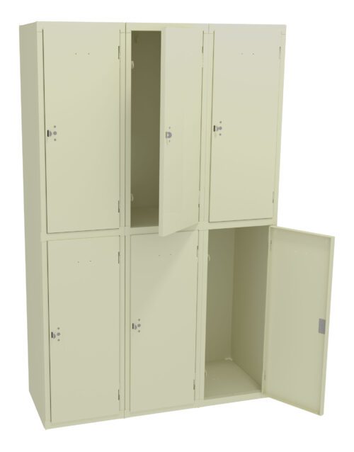 A set of six beige metal lockers, arranged in two rows. Three lockers are on the top row, and three on the bottom. The top middle locker and the bottom right locker have their doors open.
