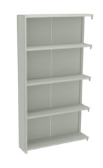 Gray metal shelving unit with five adjustable shelves, featuring a simple and sturdy design. There are perforated sides for adjusting shelf placement. The shelves are aligned horizontally and the unit has a minimalist appearance, suitable for storage.