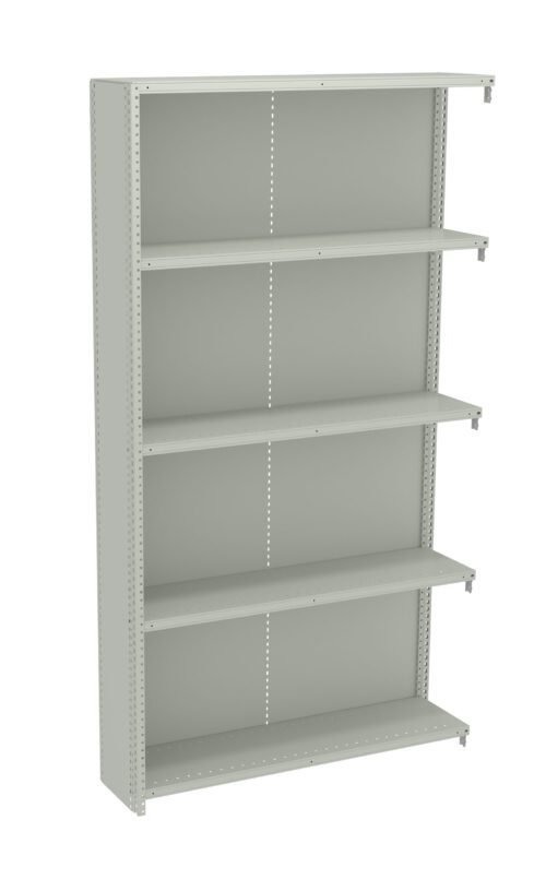 Gray metal shelving unit with five adjustable shelves, featuring a simple and sturdy design. There are perforated sides for adjusting shelf placement. The shelves are aligned horizontally and the unit has a minimalist appearance, suitable for storage.