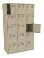 A beige metal locker unit with three columns and five rows of compartments. Two doors are open, revealing empty spaces. Each door has ventilation slits and a padlock latch.