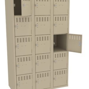 A beige metal locker unit with three columns and five rows of compartments. Two doors are open, revealing empty spaces. Each door has ventilation slits and a padlock latch.