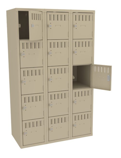A beige metal locker unit with three columns and five rows of compartments. Two doors are open, revealing empty spaces. Each door has ventilation slits and a padlock latch.