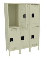 A beige metal locker unit with two rows and three columns. The top middle locker door is slightly open, showing interior shelving. Each locker has a black handle and ventilation slits. The unit stands on four legs.