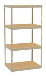 A metal shelving unit with four wooden shelves, evenly spaced and supported by a beige metal frame. The structure is simple, functional, and freestanding, suitable for storage or organizing items in various settings.