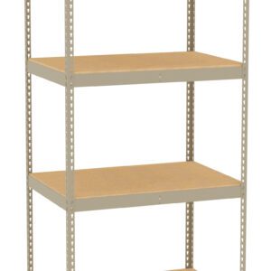 A metal shelving unit with four wooden shelves, evenly spaced and supported by a beige metal frame. The structure is simple, functional, and freestanding, suitable for storage or organizing items in various settings.
