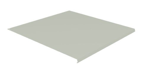 A flat, light gray rectangular metal panel with a slight lip on one edge, positioned on a white background.