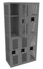Gray metal locker unit with six compartments, featuring a lattice design on the doors. Two doors are open, revealing shelves inside. Each compartment has a black handle for opening.