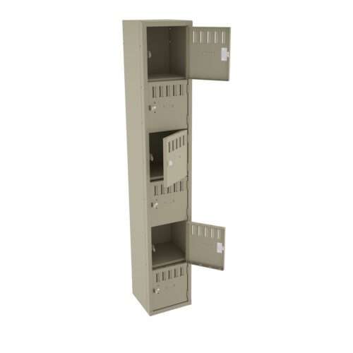 A tall, beige metal locker with six compartments, each with its own vented door. Three of the doors are open, showing the empty interior. The locker has a sleek, industrial design and stands upright.