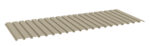 A rectangular piece of corrugated metal sheeting in beige color is laid flat at an angle, showing its ridged texture. The sheet has several parallel grooves running lengthwise.
