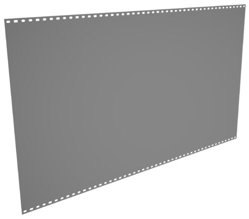 A large sheet of blank gray paper is shown with perforated edges on all sides, resembling continuous stationery commonly used in dot matrix printers. The paper is angled slightly to the right.