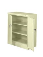A beige metal cabinet with open double doors revealing two adjustable shelves inside. The cabinet has a handle on each door and a lock mechanism. It is placed against a plain white background.
