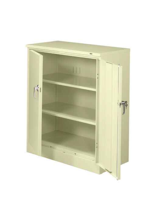 A beige metal cabinet with open double doors revealing two adjustable shelves inside. The cabinet has a handle on each door and a lock mechanism. It is placed against a plain white background.
