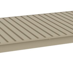 A beige metal shelf with a slatted design, viewed from an angle against a plain white background.