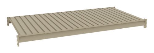 A beige metal shelf with a slatted design, viewed from an angle against a plain white background.
