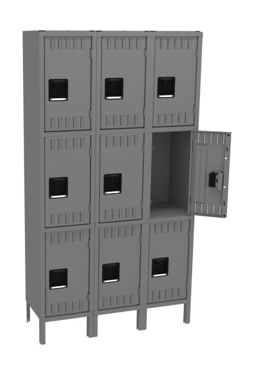 ptn7ps79rej52dcsjryb.jpg A gray metal locker unit with three rows and three columns, totaling nine compartments. Each compartment has a handle and a vented door. The door of the top middle locker is open, revealing an empty interior.