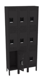 A black metal locker unit featuring nine compartments arranged in a 3x3 grid. One locker door at the bottom is open, revealing an empty interior. Each door has a recessed handle. The design is sleek and industrial.