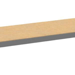 A rectangular wooden shelf with a metal frame, shown from a slightly elevated angle against a plain white background. The frame is gray and supports the wood surface at each end.