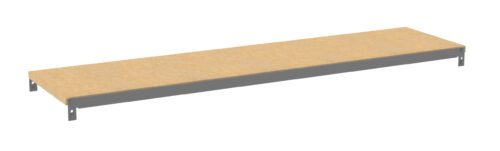 A rectangular wooden shelf with a metal frame, shown from a slightly elevated angle against a plain white background. The frame is gray and supports the wood surface at each end.