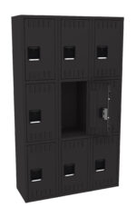 Nine black lockers arranged in a 3x3 grid. The middle right locker is open, showing an empty compartment. The other lockers remain closed, each with a handle and vent slots on the doors.