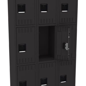 Nine black lockers arranged in a 3x3 grid. The middle right locker is open, showing an empty compartment. The other lockers remain closed, each with a handle and vent slots on the doors.