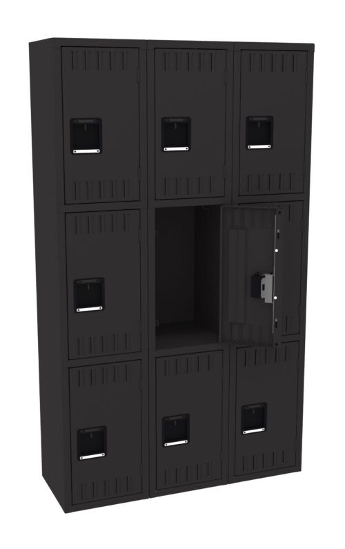Nine black lockers arranged in a 3x3 grid. The middle right locker is open, showing an empty compartment. The other lockers remain closed, each with a handle and vent slots on the doors.
