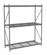 A gray metal storage rack with a sturdy frame and three wire mesh shelves. The shelves are evenly spaced, and the rack has diagonal braces for stability. It stands against a plain white background.