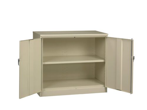 puvpzrlvsbnoqslwar4a.jpg A beige metal cabinet with two open doors, revealing two interior shelves. The cabinet is empty, with handles on each door, positioned against a white background.