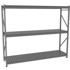 A large, three-shelf metal storage rack with an industrial design. The shelves are evenly spaced and the structure is held together by sturdy vertical and diagonal supports. The entire unit is colored in a dark gray hue.