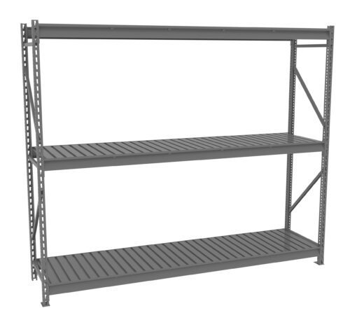 A large, three-shelf metal storage rack with an industrial design. The shelves are evenly spaced and the structure is held together by sturdy vertical and diagonal supports. The entire unit is colored in a dark gray hue.