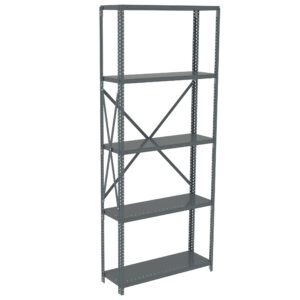 A tall, gray metal shelving unit with five levels. The shelves are evenly spaced, and the unit features cross-bracing on the back for stability. The design is simple and industrial.