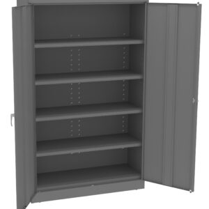 Open gray metal cabinet with four adjustable shelves and two doors. The doors are wide open, revealing the empty interior. The cabinet is set against a plain white background.