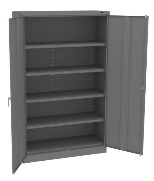Open gray metal cabinet with four adjustable shelves and two doors. The doors are wide open, revealing the empty interior. The cabinet is set against a plain white background.