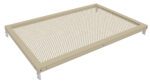 A rectangular, beige metal perforated shelf with circular holes and brackets on the sides. The shelf is designed for ventilation and support, viewed at a slight angle against a white background.